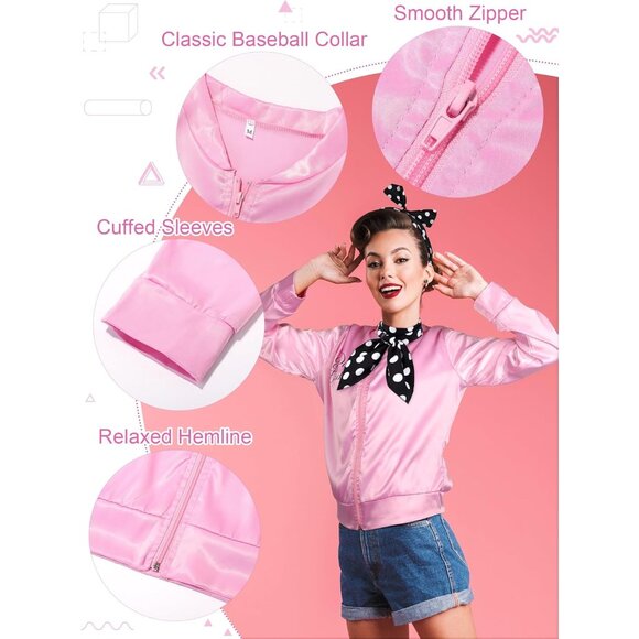 Pink Satin Jacket Costume Set Women 8 Pieces 1950s Style Halloween Dress - Picture 3 of 5